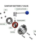 Sanitary butterfly valve 1.5-inch tri-clamp exploded view in stainless steel with pull handle and valve body parts.