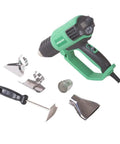 Pro Grade Heat Gun With Variable Heat And Fan Settings, LCD Display, Includes various nozzles, scraper, and accessories visible