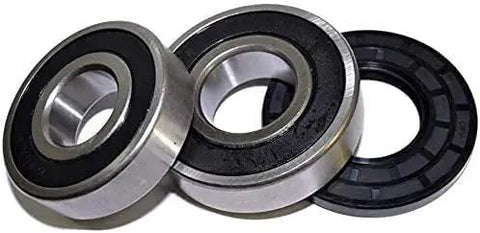Pro Grade Front Load Washing Machine Bearing And Seal Kit Featuring Rock Solid Dual Ball Bearings And A Thick Rubber Gasket, showcasing two metal ball bearings and a rubber seal.