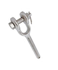 No Nonsense 1 1/2 Inch Stainless Steel Turnbuckle Jaw Style Drop Forged Right Hand Thread 17000 Lb Working Capacity close-up view of a heavy duty rigging component.