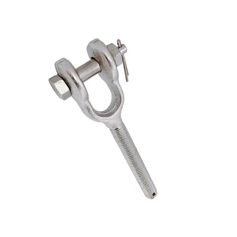 No Nonsense 1 1/2 Inch Stainless Steel Turnbuckle Jaw Style Drop Forged Right Hand Thread 17000 Lb Working Capacity close-up view of a heavy duty rigging component.
