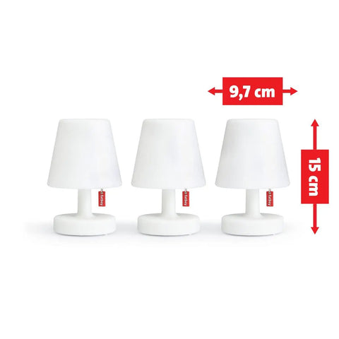 Edison The Mini Set of 3 Grab-and-Go Portable LED Lamps, cordless and rechargeable, shown in white, 9.7x15 cm sizing.