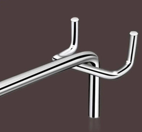 Close-up view of a chrome 2 Inch Pegboard Hooks Kit, 32 Pieces, Heavy Duty Peg Board Organizer For Garage And Workshop, Fits 1/8 Inch Metal Pegboard And 3/16 Inch Boards, Ideal For Tools, Utensils, Garden Gear, A Real Garage Must Have with two hooks.