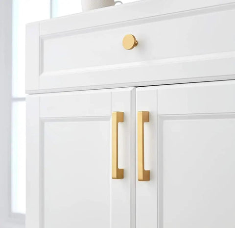Solid Brass Cabinet Pulls Set Of 10 Round Brushed Brass Handles For Cabinets And Drawers Modern Kitchen Hardware installed on white cabinet