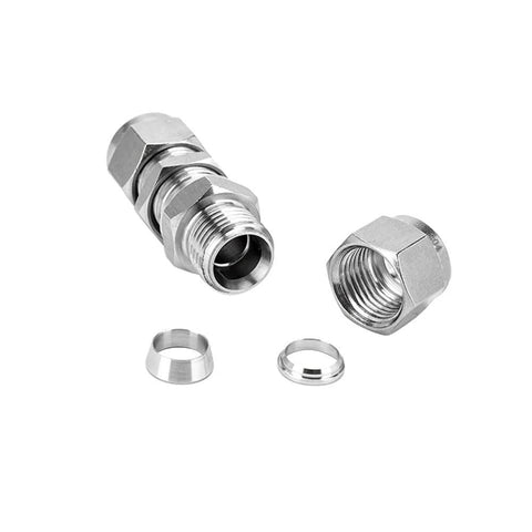 Pysrych 304 stainless bulkhead union compression fittings, 1/8" OD x 1/8" OD, pack of 2, disassembled