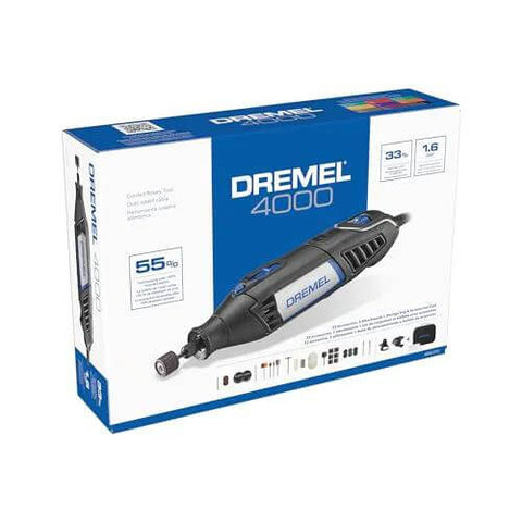 Front view of Dremel 4000 rotary tool kit box, blue and white packaging with tool image.