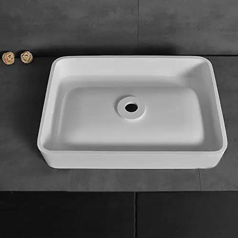 Slick Rectangular Bathroom Vessel Sink Crafted From Heavy Duty Artificial Stone Table Top Basins Featuring Thick Edges That Hold Up Over Years Durable White Countertop Washbasin top view.