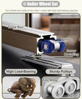 Close-up of a ceiling-mounted zinc alloy and nylon roller wheel set with track rail and pulleys for soft close pocket door track kit.