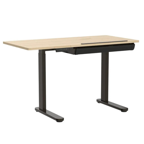 Flexispot Electric Drafting Table With Adjustable Height And Tilting Top 47.2 By 23.6 Inches Extendable Workstation Storage Drawer side view with maple finish.