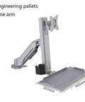 Premium Silver Single Arm Monitor Mount Featuring Smooth Pneumatic Height Lock Integrated Keyboard Tray Supporting 15 To 32 Inch Screens Boss Desk Glow Up with one arm and tray display.
