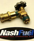 NashFuel propane forklift service valve, brass body with black star knob, LPG coupler, side view.