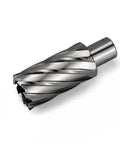 Angled side view of annular cutter with Weldon shank, 1-1/4 inch cutting diameter, HSS drill bit for magnetic drill press