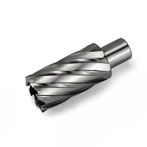 Angled side view of annular cutter with Weldon shank, 1-1/4 inch cutting diameter, HSS drill bit for magnetic drill press