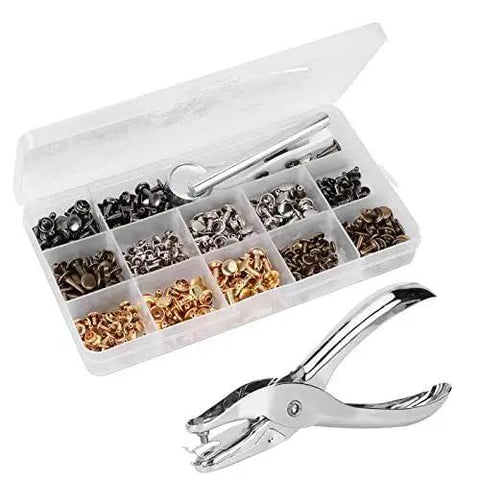 Heavy Duty Double Sided Rivet Plier Kit With 240 Piece Leather Snap Fastener Collection, tools in a storage box with fasteners.