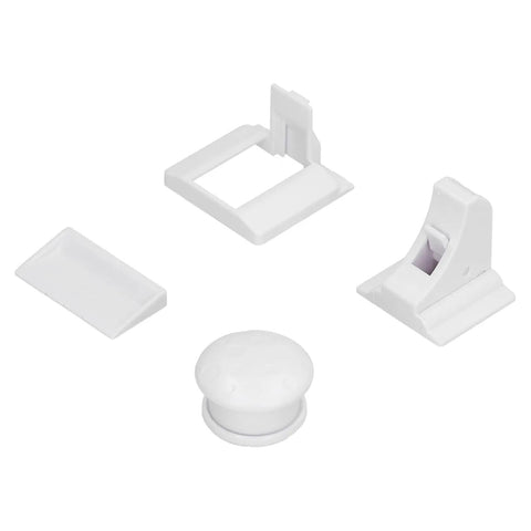 No Drill Magnetic Cabinet Lock For Child Safety, 2 Pack set with adhesive and concealed locking parts shown on white background