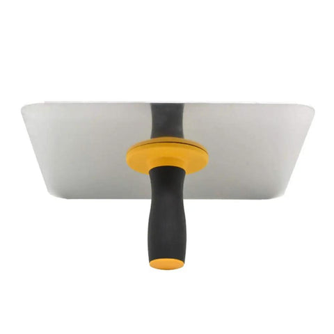 Aluminum Plastering Hawk With 300x300 mm Mortar Board Holder and Soft Grip Handle, seen from below, showcasing its lightweight design.