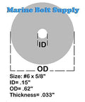 18-8 stainless steel fender washer, size #6 x 5/8 in, ID 0.15 in, OD 0.62 in, Marine Bolt Supply