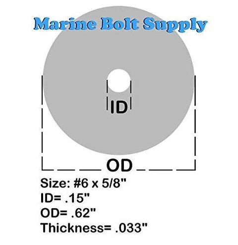 18-8 stainless steel fender washer, size #6 x 5/8 in, ID 0.15 in, OD 0.62 in, Marine Bolt Supply