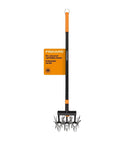 Extendable Go To Garden Tiller Cultivator For Lawn And Garden Beds From Forty To Sixty Inches Lightweight All Steel Telescoping Rotary Hand Tool For Soil Aeration And Seedling Row Cultivation with orange handle and label