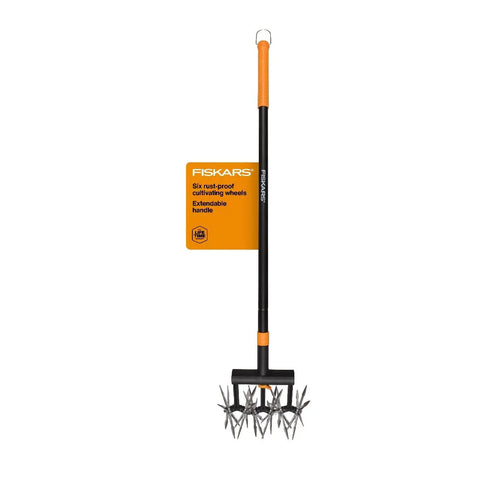 Extendable Go To Garden Tiller Cultivator For Lawn And Garden Beds From Forty To Sixty Inches Lightweight All Steel Telescoping Rotary Hand Tool For Soil Aeration And Seedling Row Cultivation with orange handle and label