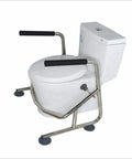 Heavy Duty Toilet Safety Rails With Adjustable Support Leg For Seniors shown on a white toilet with stainless steel frame