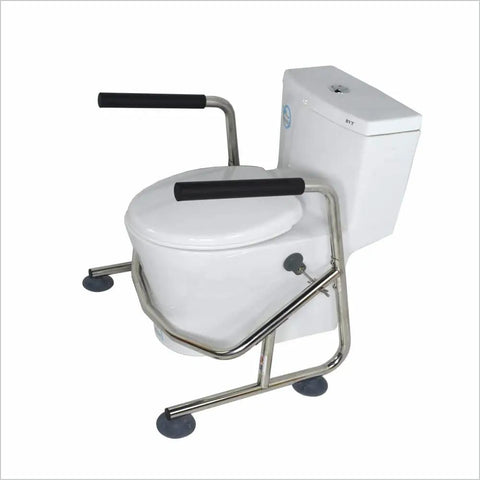 Heavy Duty Toilet Safety Rails With Adjustable Support Leg For Seniors shown on a white toilet with stainless steel frame