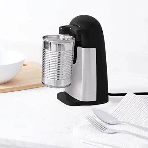 3-In-1 Electric Can Opener With Bottle Opener And Knife Sharpener, Stainless Steel Blade, in black on kitchen counter with can