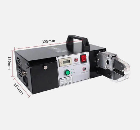 Professional EM-6B1 Electric Terminal Crimping Machine Tool With Exchangeable Die Set For 110V Power Cabinets, side view showing controls and die.
