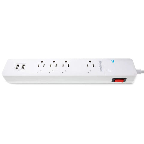 Smart Wi Fi Power Strip Surge Protector With Four Outlets Two USB Ports Keeps Your Gear Fully Charged A Real Game Changer For Smart Homes Featuring Voice Commands And Totally Hassle Free App Scheduling, front view showing multiple outlets.