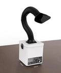 Grab This Powerful Desktop Soldering Fume Extractor Featuring A Flexible Bendy Hose With Killer Suction To Clear Out Nasty Smoke Fast During Electronics Repair And Diy Soldering Work on a brown workbench.