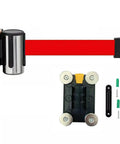 Heavy Duty Wall Mounted Retractable Belt Barrier With Magnetic Snap And Nine Foot Red Stanchion Rope For No Sweat Crowd Control, shown with wall bracket