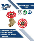Front and side views of XFITTING 1/2 in sweat gate valve with red handwheel and brass body.