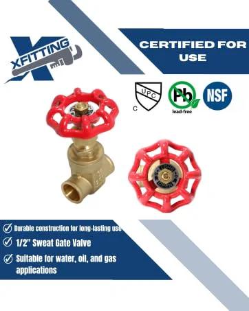 Front and side views of XFITTING 1/2 in sweat gate valve with red handwheel and brass body.
