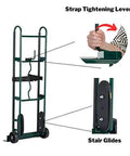 Front view of Harper Trucks 6781 appliance hand truck in dark green with strap tightening lever and stair glides.