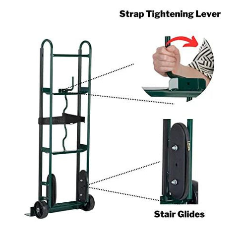 Front view of Harper Trucks 6781 appliance hand truck in dark green with strap tightening lever and stair glides.