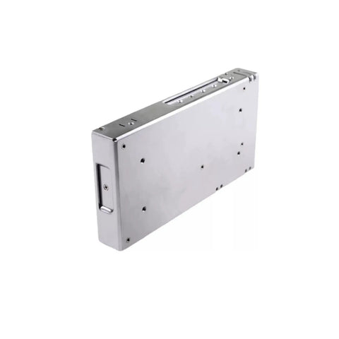 Industrial DC Power Supply With Single Output And Voltage Options From 3.3V To 48V Rugged No Nonsense Automation Grade Unit For Machinery And Electronics Compact And Efficient Built To Last Plug And Play Ready For Easy Setup In Industrial Projects silver metal side view