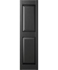 Two Equal Panel Vinyl Shutters 12 Inch Wide By 31 Inch High Black With Raised Panel Design Includes Shutter Loks And Screws Per Pair Easy DIY Install Durable Molded Through Color shown in vertical view