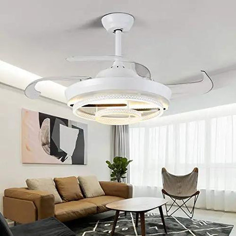Modern 42 Inch Retractable LED Ceiling Fan With Wireless Remote Control in a stylish living room setting.