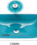 Dope Premium Cyan Rectangular Glass Bathroom Vessel Sink Countertop Vanity Basin Featuring Brass Waterfall Faucet Badass Scratch Resistant Finish For Your Crib, top view with dimensions.