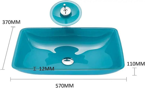 Dope Premium Cyan Rectangular Glass Bathroom Vessel Sink Countertop Vanity Basin Featuring Brass Waterfall Faucet Badass Scratch Resistant Finish For Your Crib, top view with dimensions.