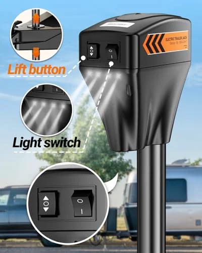 SEALIGHT 7500LB electric trailer jack for A-frame trailers with LED light; black, 12V DC, adjustable lift