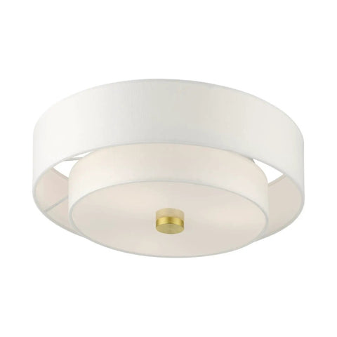 Meridian Collection 3 Light Satin Brass Semi Flush Mount Ceiling Light With Off White Hardback Fabric Shade