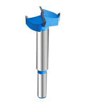 Front view of 30mm self-centering hole saw cutter for wood with silver steel shaft and blue end caps.