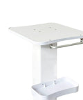 Premium Iron Wood Aluminum Salon Trolley With Smooth Rubber Wheels Built Tough Rolling Beauty Station Cart For Hair Stylist Tool Storage And Salon Floor Organization Game Changer, white mobile cart with square top and storage tray.