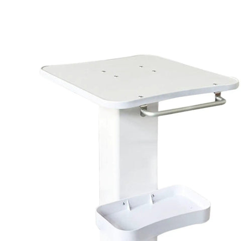 Premium Iron Wood Aluminum Salon Trolley With Smooth Rubber Wheels Built Tough Rolling Beauty Station Cart For Hair Stylist Tool Storage And Salon Floor Organization Game Changer, white mobile cart with square top and storage tray.