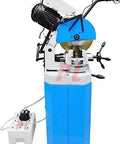 Rugged 14 Inch Cold Cut Saw With Swivel Base, 1.5 Horsepower Three Phase Motor Cruising At Dual Speeds, Heavy Duty Gear Drive Metal Cutter, Rock Solid Quick Release Vise And Auto Retracting Guard For Smooth Pipe And Angle Iron Slices No Sweat, shown from side angle with motor and controls.