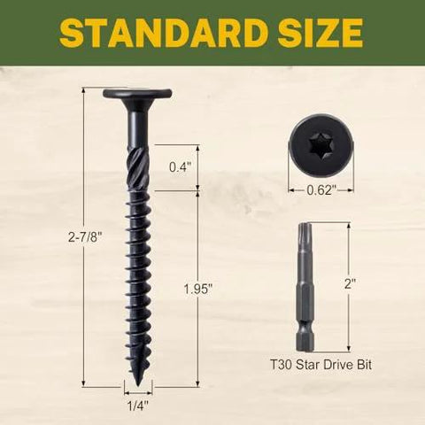 Front view: black-coated lag screw, #14 x 2-7/8 in, flat head, T30 star-drive bit included for exterior wood use