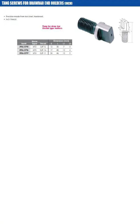 3/8-16 Tang Screw For MT2 Drawbar End Holders, Hardened Tool Steel Precision Replacement, chart shown