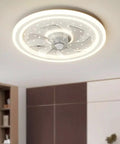 Modern Ceiling Fan With Light Featuring Ultra Silent Invisible Blades Stepless Dimming Switch Adjustable Airflow Smooth Operator Cooling For Bedroom with sleek design and light ring installed in a room.