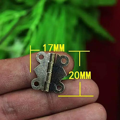 Close-up of a 20x17mm mini hinge held in hand, part of the 10 Pcs Mini Hinges For Dollhouse And Jewelry Box Projects Handy Wood Door And Drawer Hardware Set.